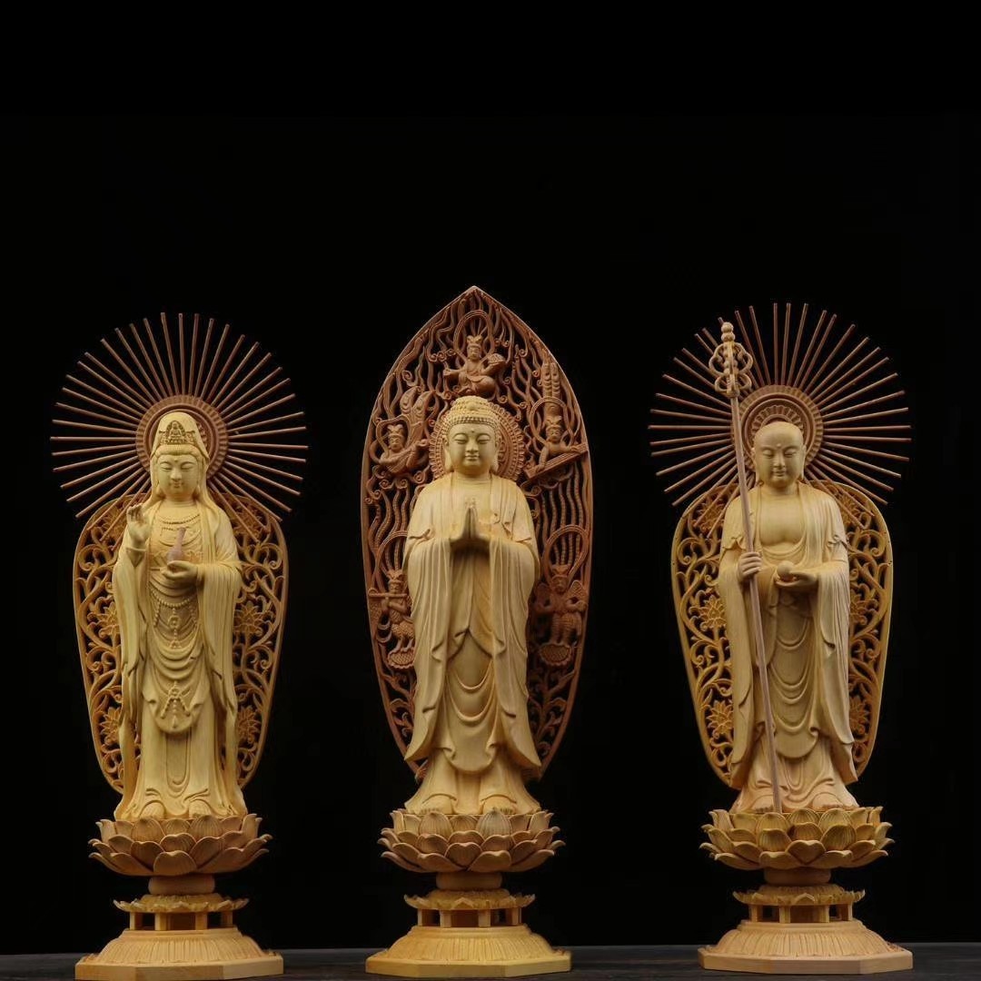 1Set 3Pcs Chinese Boxwood Carving Ru-lai Guan-yin Di-zangwang Buddhism statue