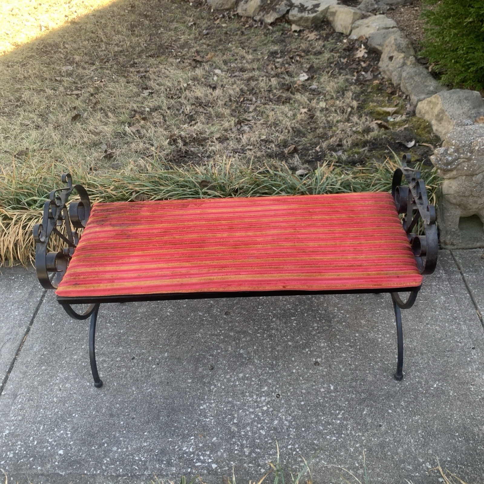 Vtg Spanish Style Heavy Scroll Wrought Iron Black Ornate Bench w/Velvet Fabric