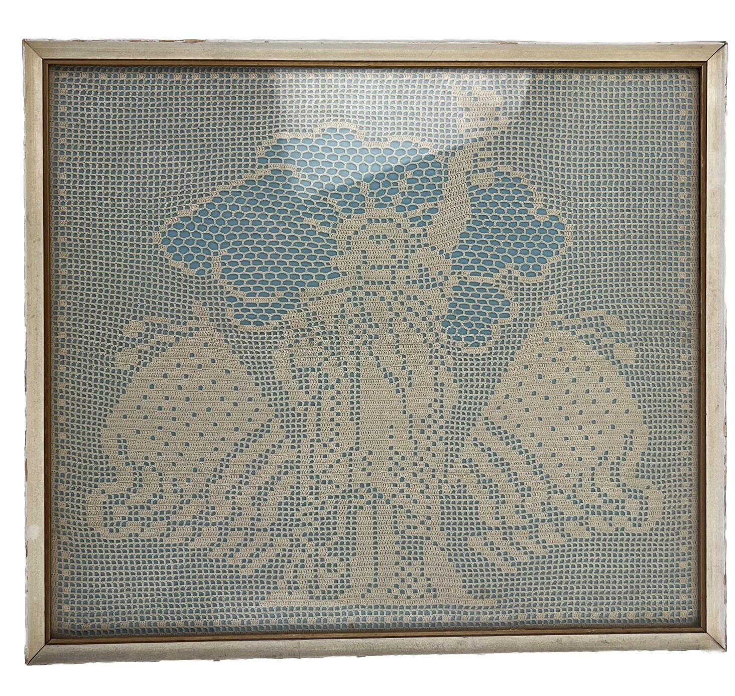 Vintage Antique Framed Crocheted Lace Lady Liberty Statue Of Liberty Yarn Art