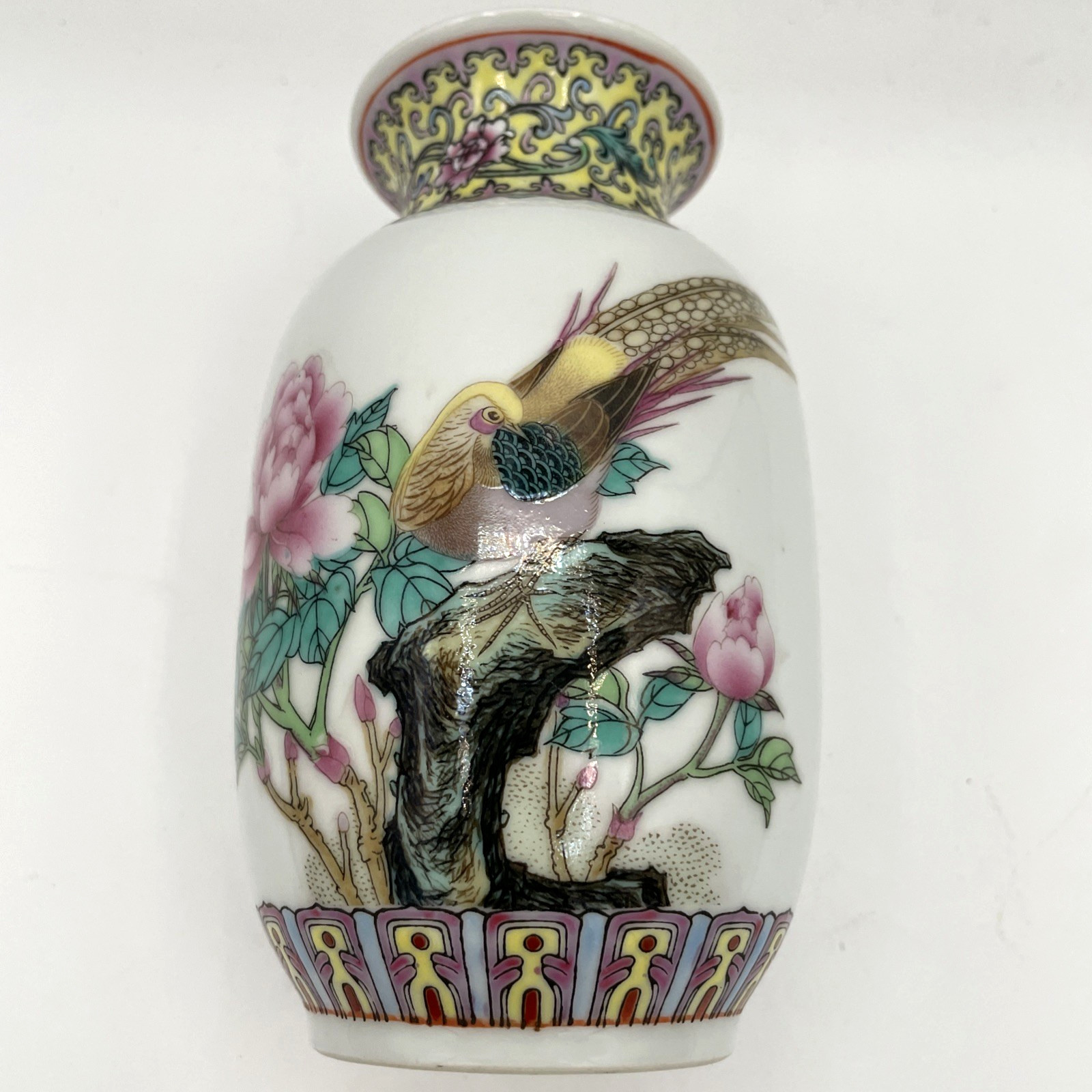 Chinese Porcelain Vase with Bird and Peony – Famille Rose Style Yellow Pink Blue