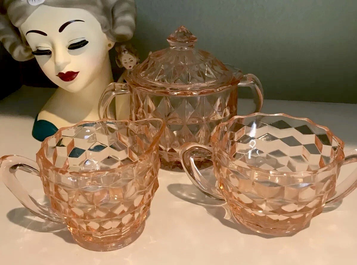 1930’s Jeanette Cubist Pattern Pink Depression Glass Cream /Sugar Bowl Book EXC