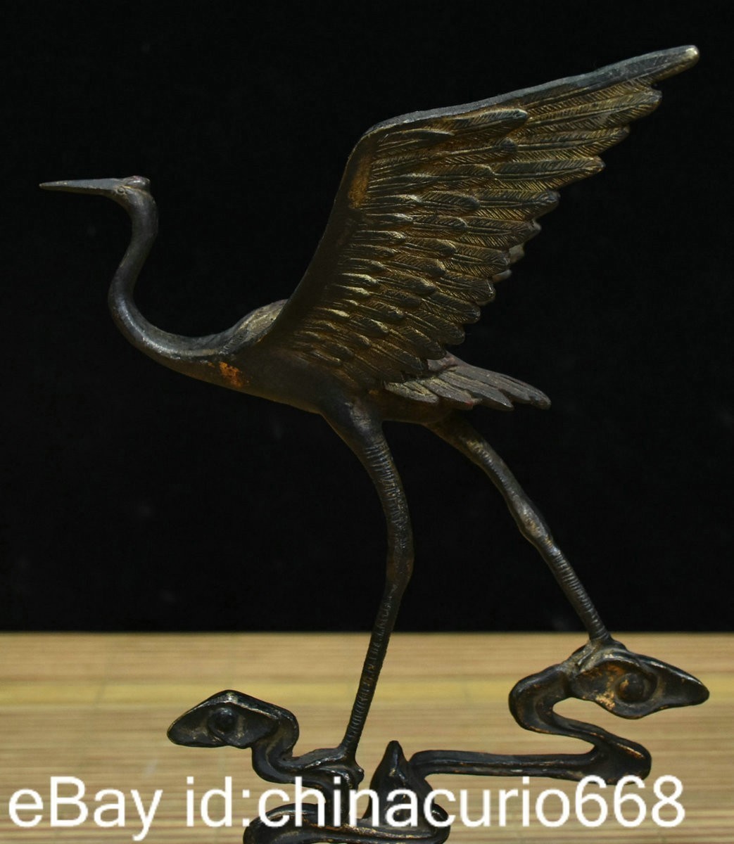 10.4″ Old China Copper Carving Feng Shui Crane longevity Lucky Statue