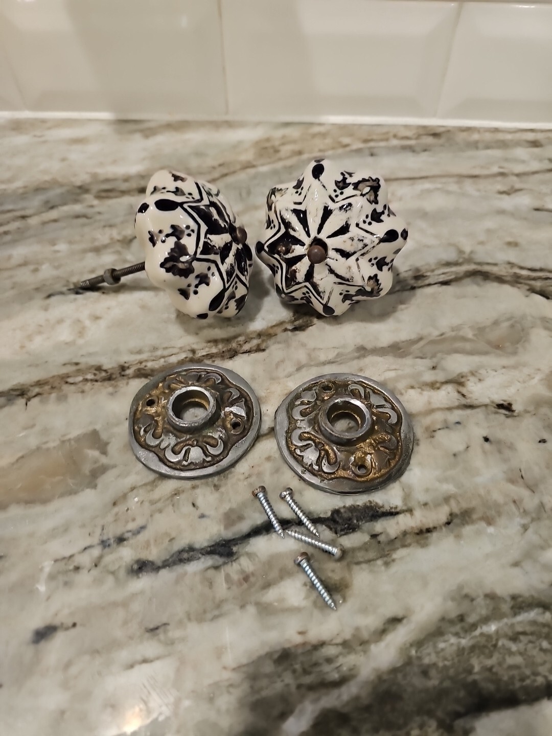 Pair of Large Painted White Porcelain Vintage Doorknobs with Rosettes X-2