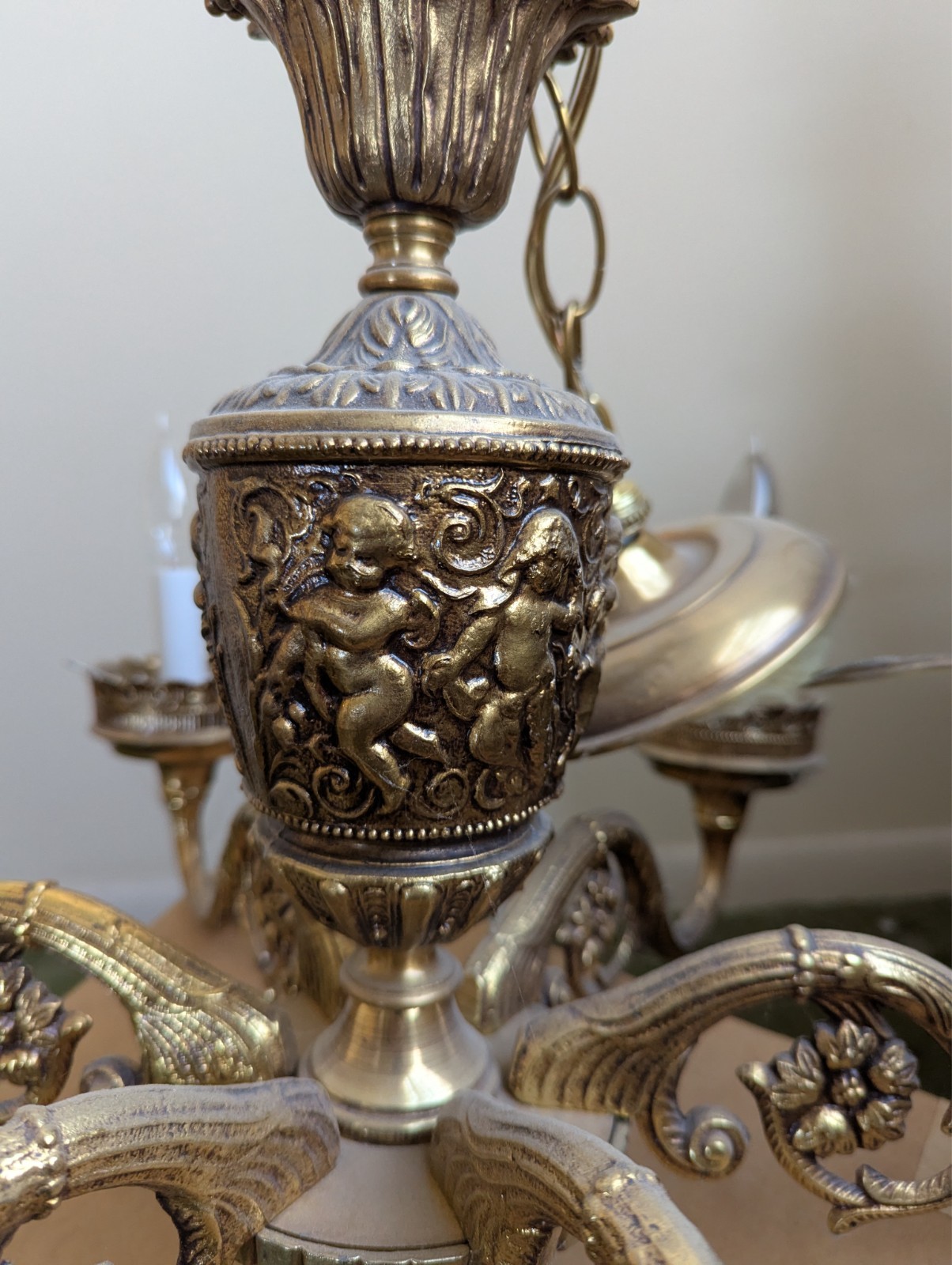Vintage 6 Arm Brass Chandelier with cherubs, putti