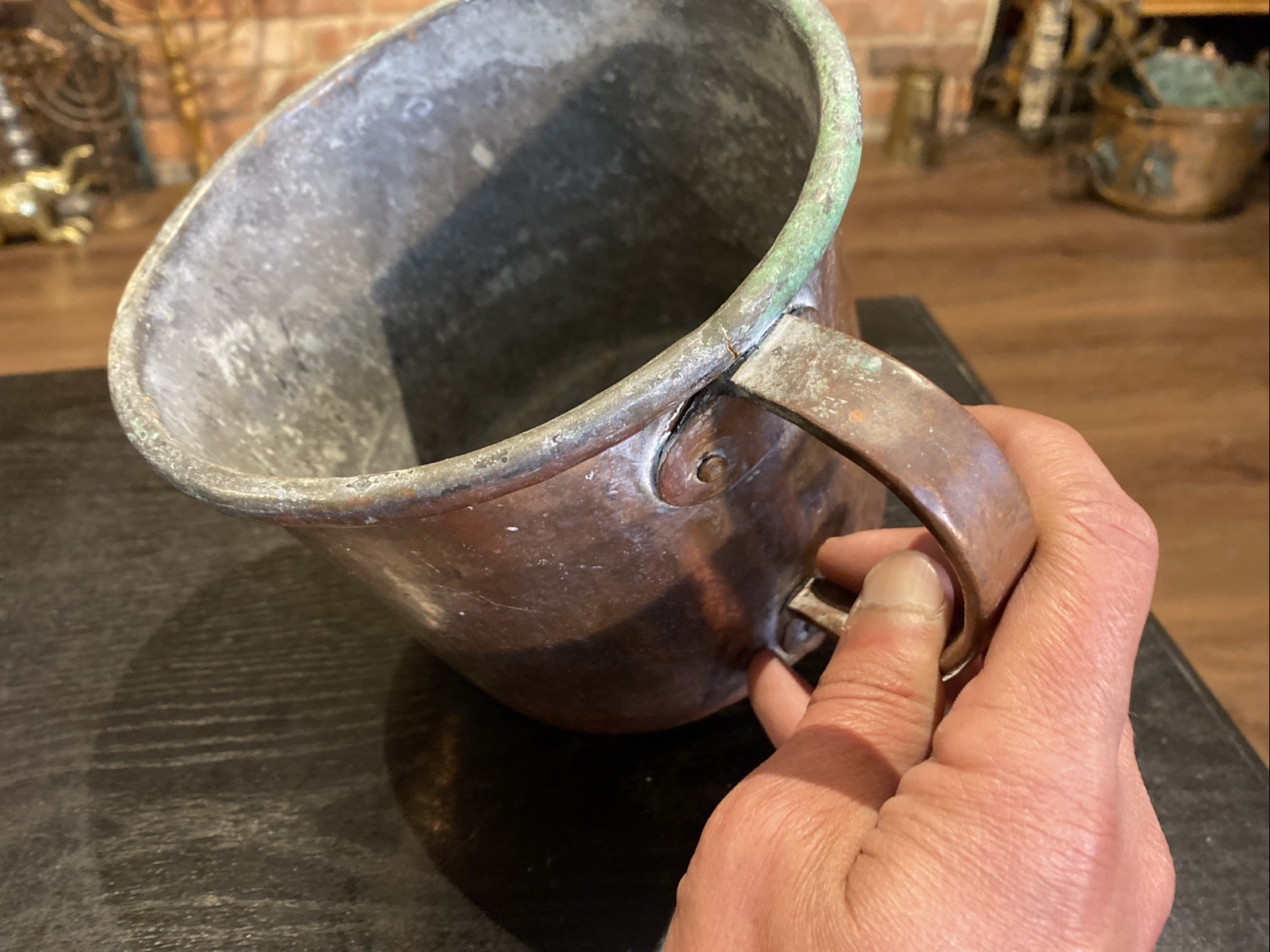 Antique Primitive Large Copper Cup Or Small Pot With Handle, Dovetail Seems