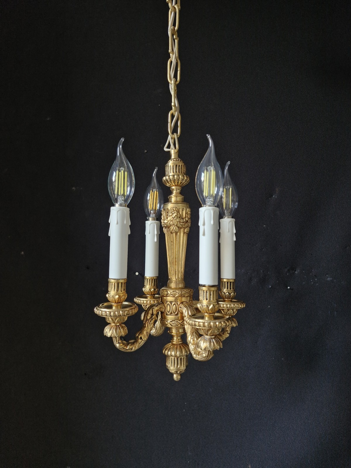 Vintage French Style Brass Chandelier 4-Light Pendant Lamp Restored Ready US