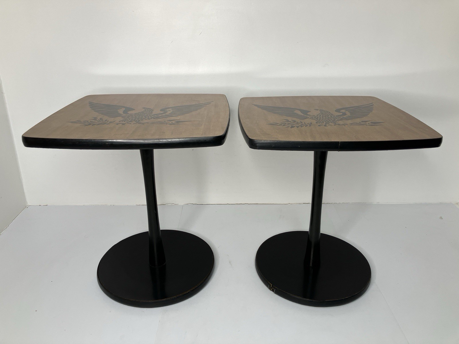 2 Vintage Mid Century Speaker End Tables Laminate Top American Eagle Graphics