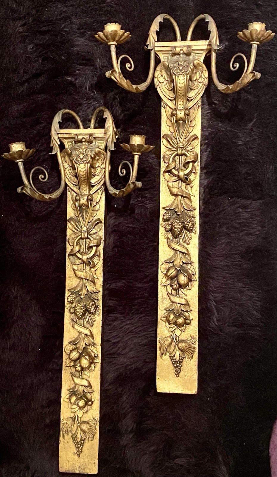 Antique French Giltwood Wall Sconces Empire Style w/ Gargoyles Pair 27”H