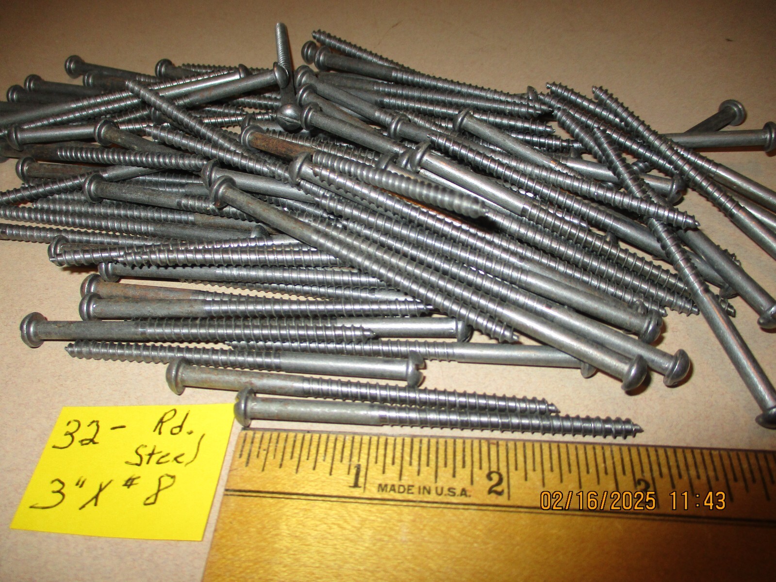 32–NEW-OLD STOCK, SLOTTED ROUND HEAD STEEL WOOD SCREWS 3″ LONG X #8=11/64″