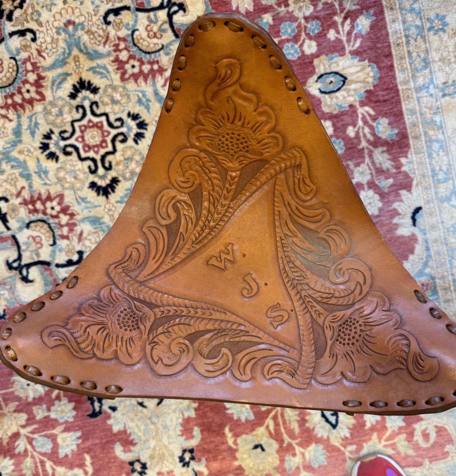 Hand tooled leather camp stool western cabin ranch decor