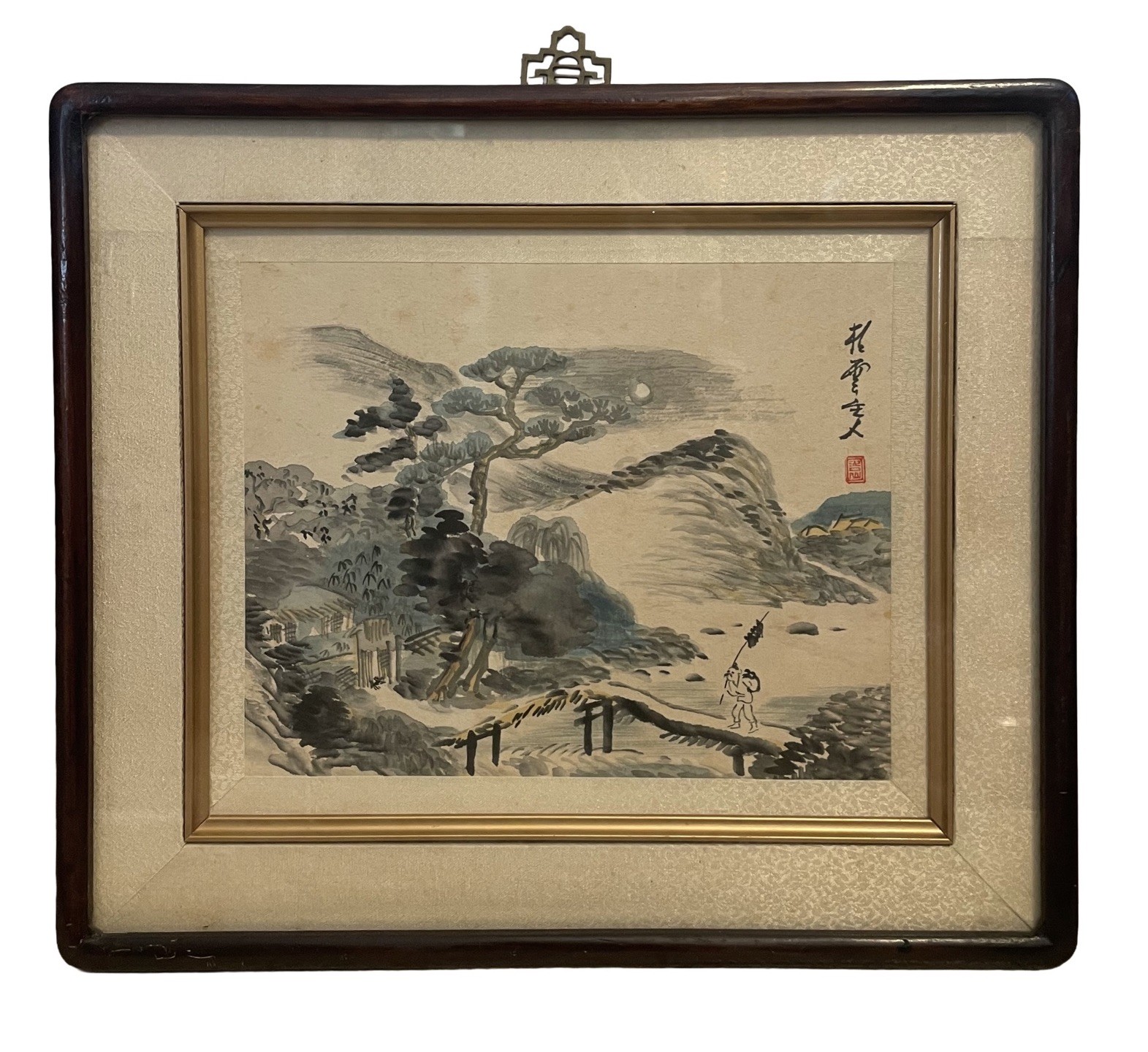 Japanese Vintage Silk Watercolor Mountain Landscape Painting Signed Framed