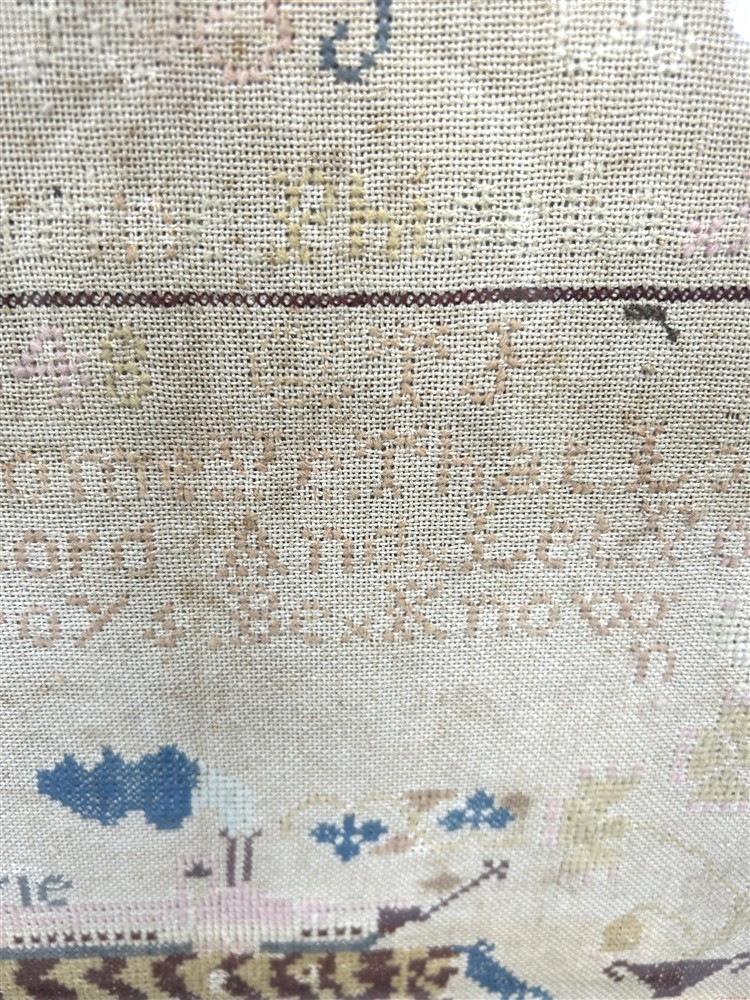 antique lemon gold frame sampler Christian & steam boat Erie 22x19x2 mid 1800s
