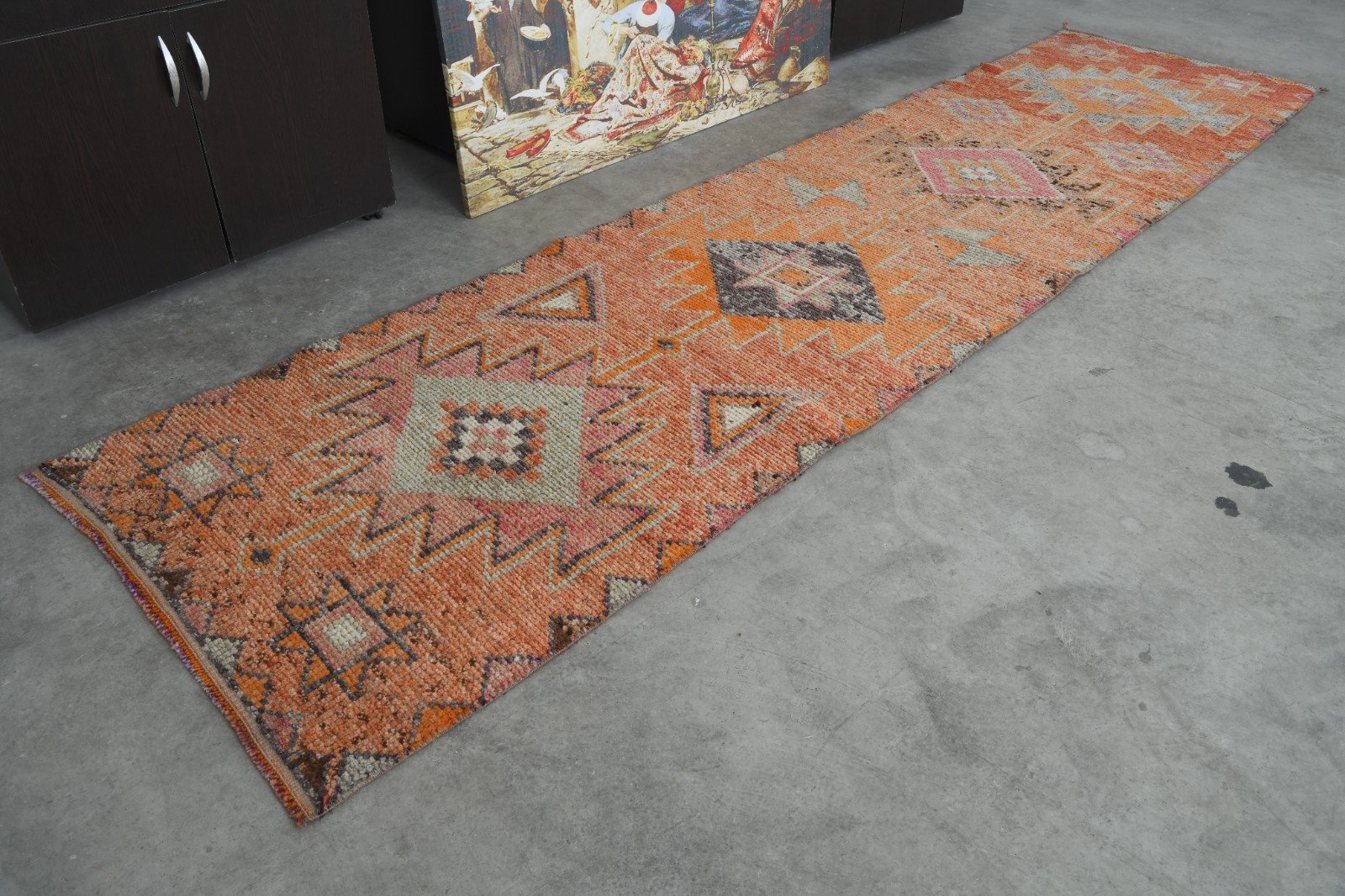 3×10 rug, handmade vintage turkish runner rug, neutral oushak rug runner,308