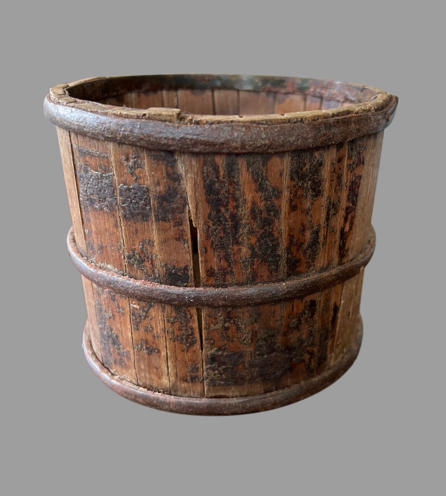 Antique Prim Wood Bucket Pail Pot With Iron Bands Shabby 4.75” H Great Patina
