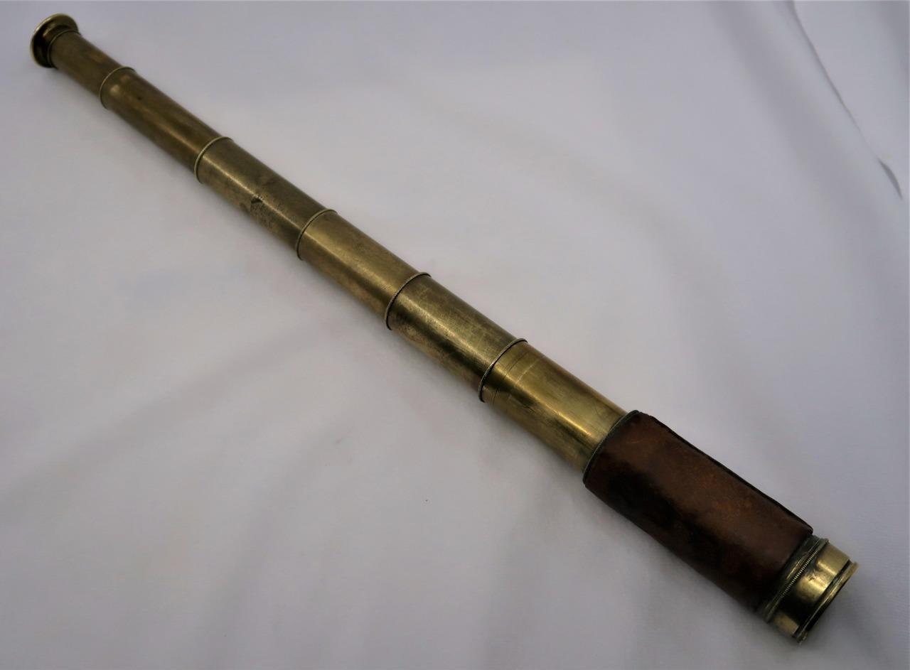 Dennis of London, 1884 Brass Naval Telescope Monogramed w/ Leather Grip, 15 1/2″