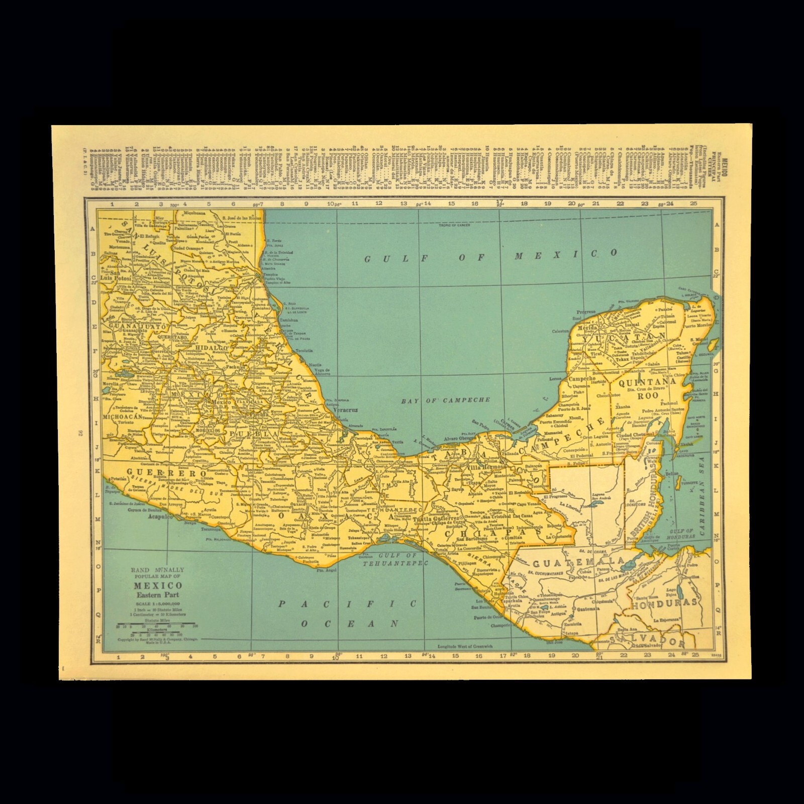Vintage MEXICO Map Eastern Mexico Acapulco Veracruz Yucatan Peninsula Guatemala