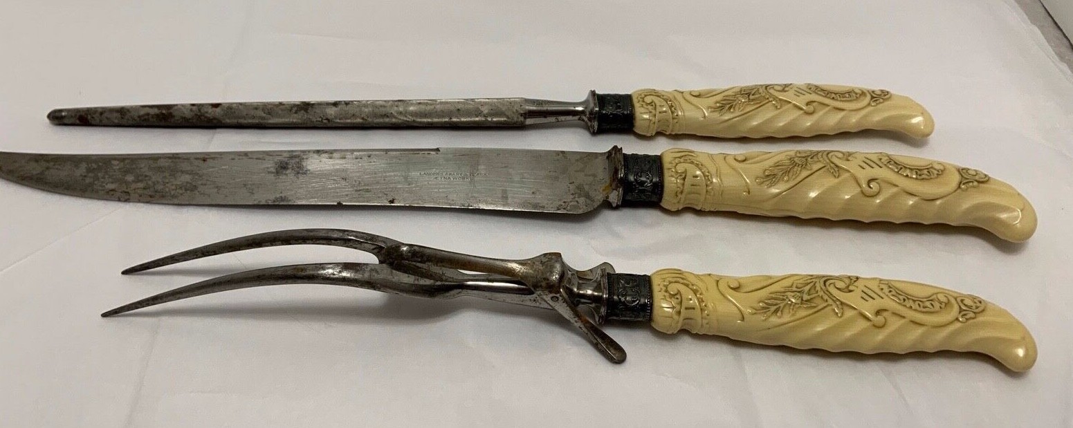 Antique 3pc Carving Set Sterling Celluloid Handles Landers Frary Clark Victorian
