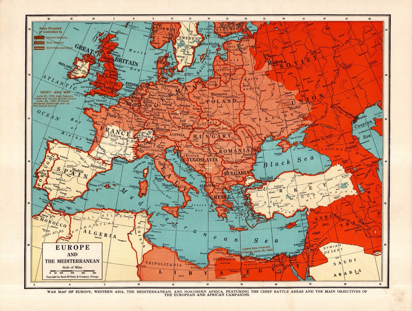 1942 Antique Europe Map Vintage Wartime Map of Europe & Mediterranean 3011