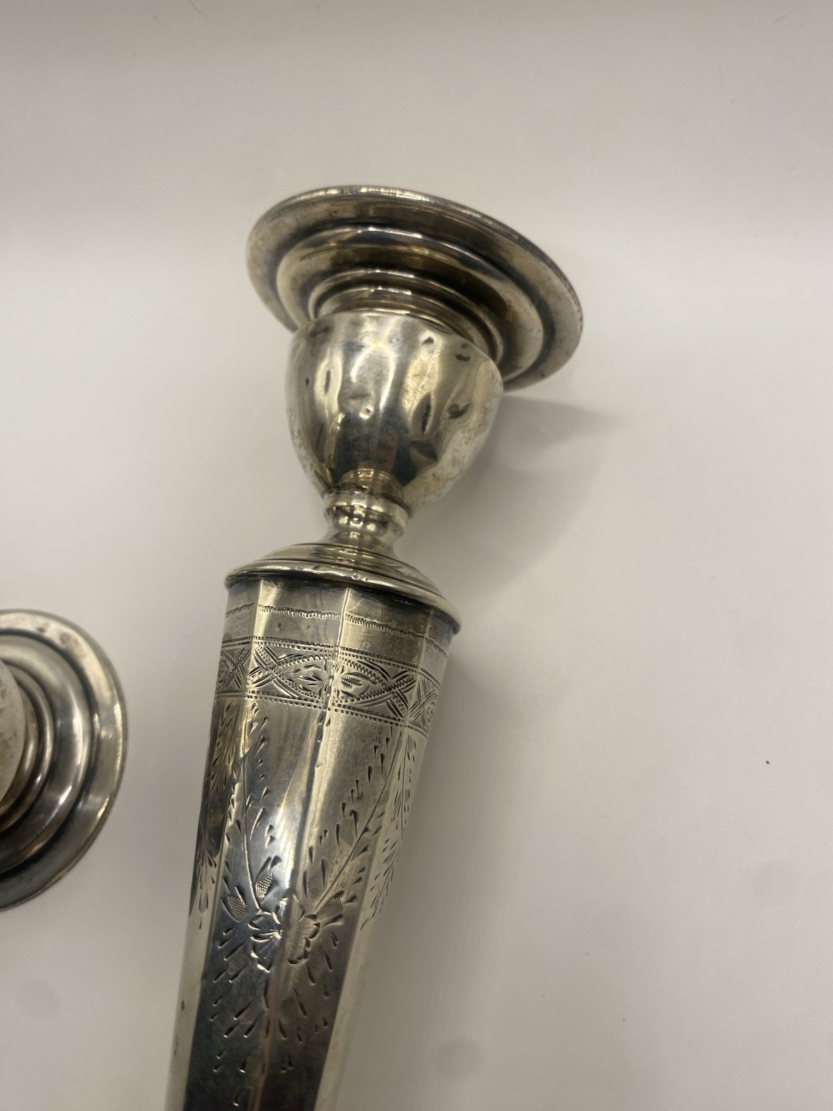 Etched Sterling Silver Weighted Candlestick Holders Pair