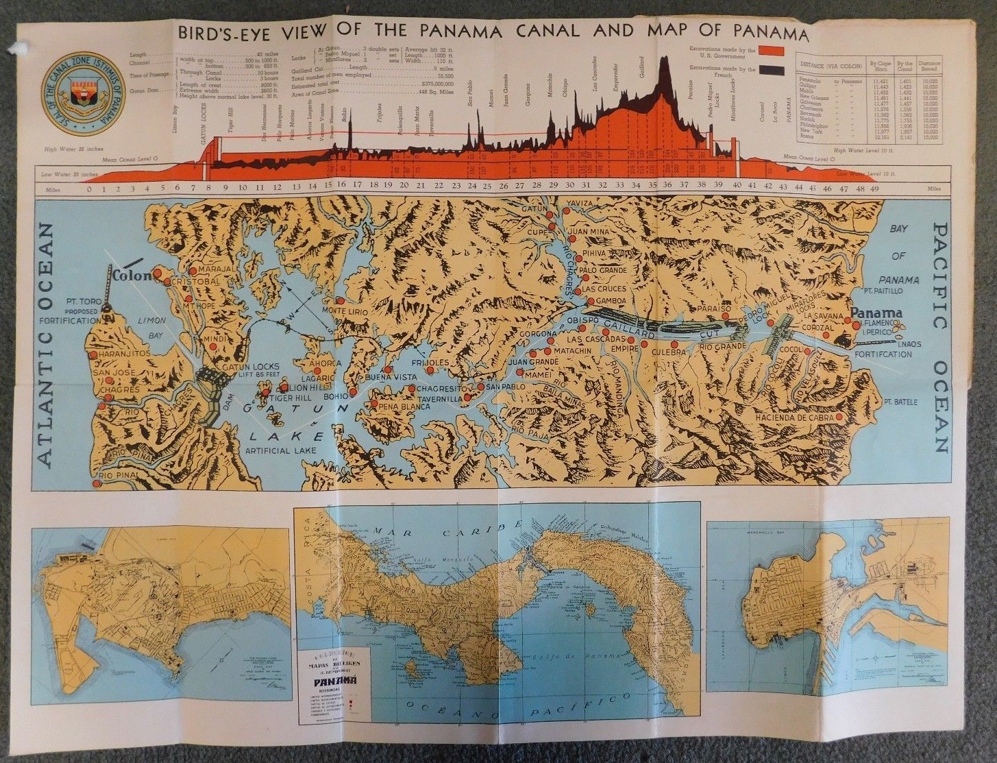 Bird’s Eye View Of The Panama Canal 1944 Map “Complete” Balboa Pacific Ocean