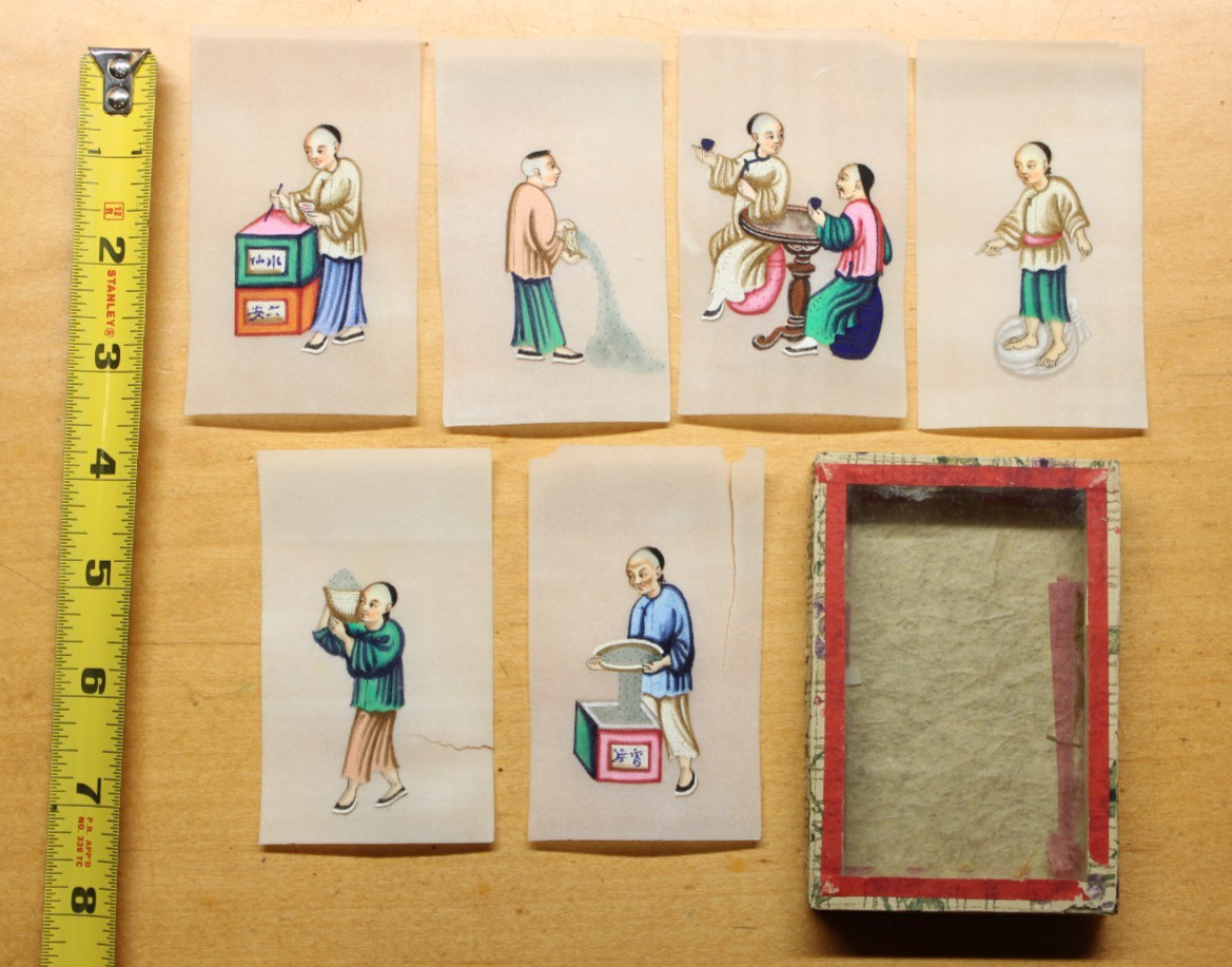 Chinese Paintings Pith Paper Qing Dynasty 19th C Lot of 6 boxed #RL0518