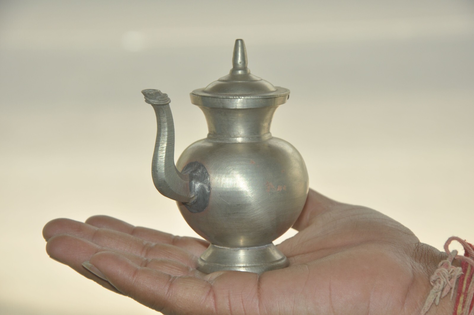 Vintage White Metal Handcrafted Solid Holy Water Pot With Nozzle