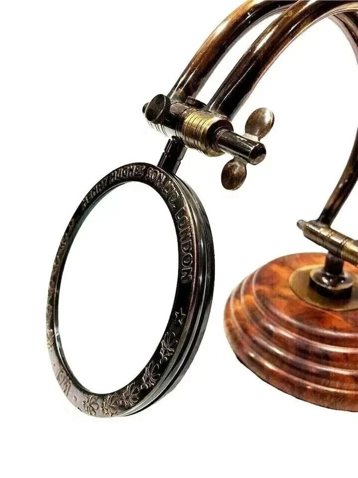 Vintage Brass Magnifying Glass Magnifier Desk Top Table Top Wooden Stand Antique