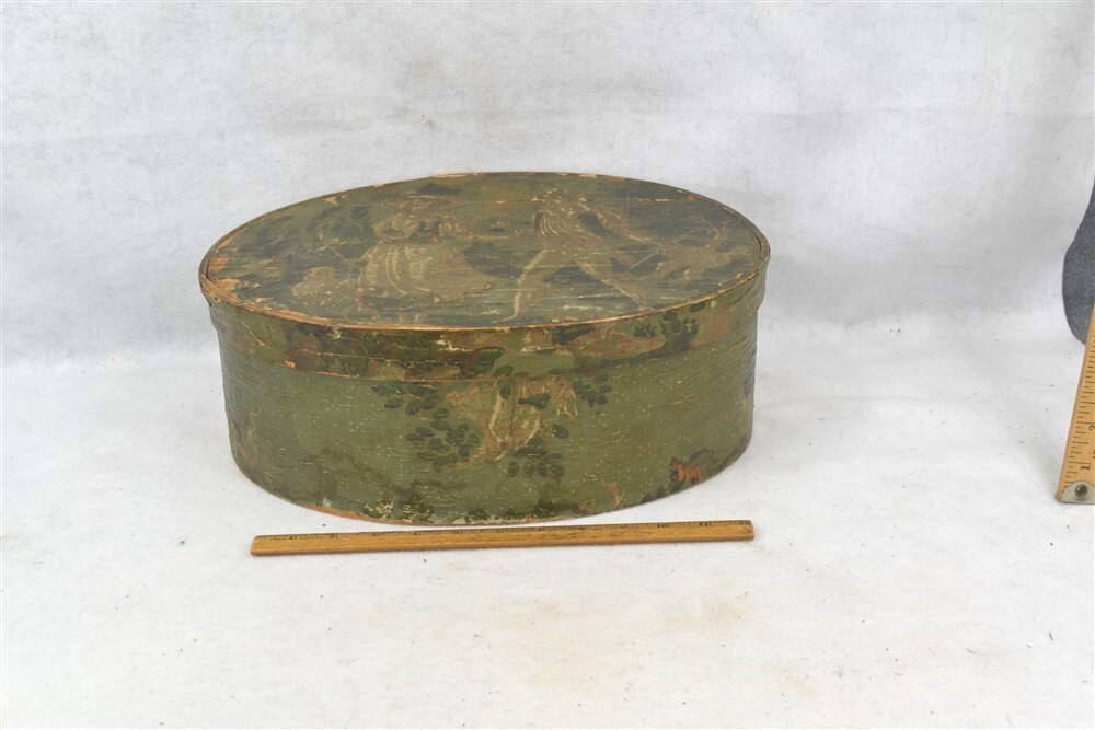 antique oval wood wall paper box 15 x 11 x 5 early 19th c 1830 stunner