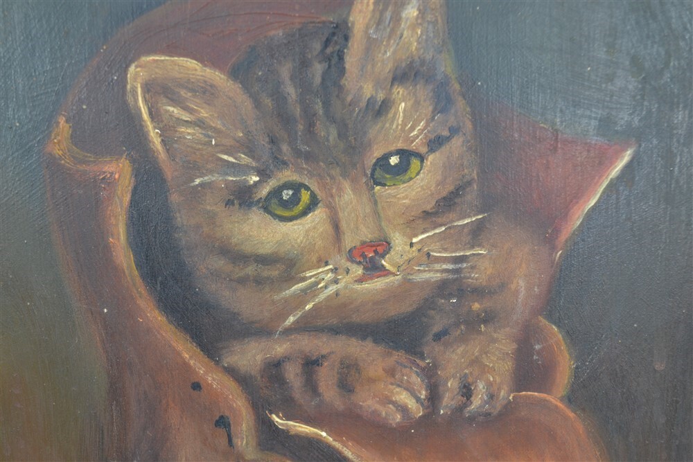 antique oil painting on board unframed cat kitten in shoe 17×12 original 19th c