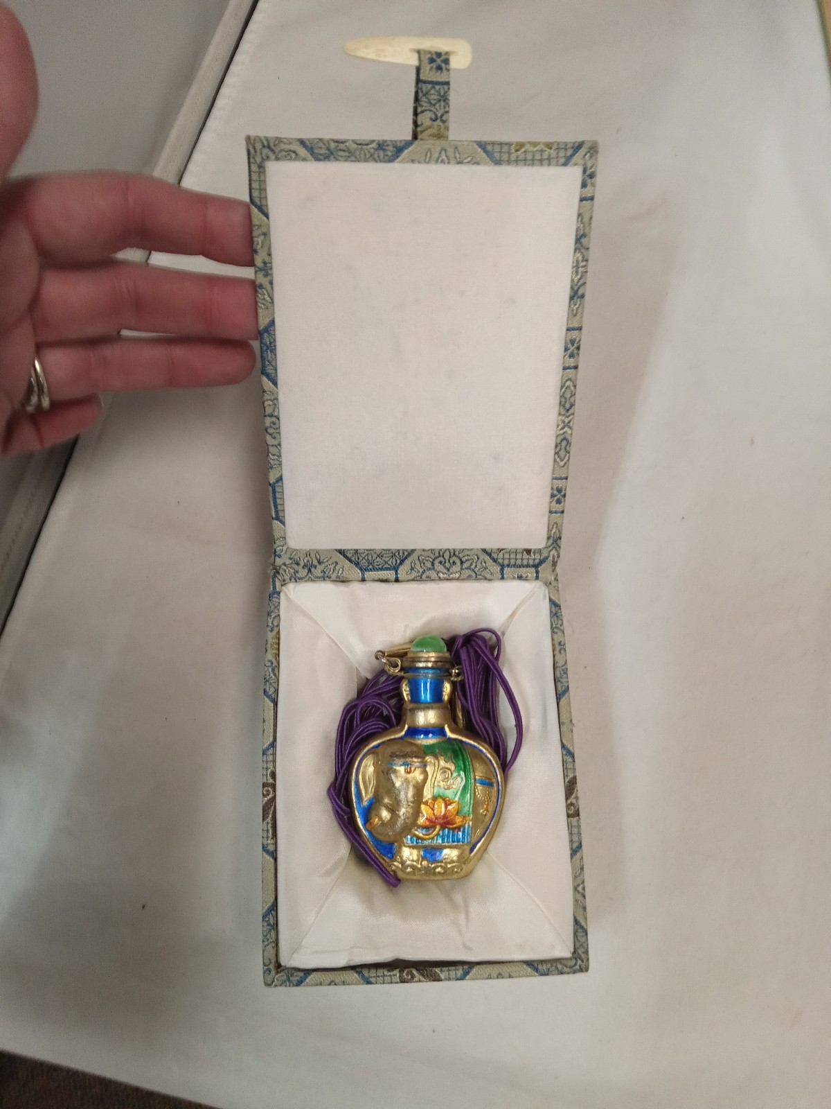 Antique Chinese Metal Enamel Painted Elephant Motif Snuff Bottle Necklace, Box