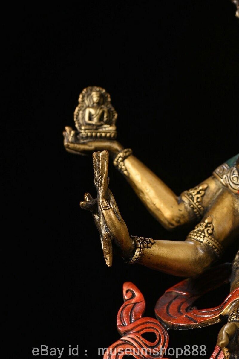 12″ Old Chinese Bronze Paintings Buddhism 3 Head 6 Arms Namgyalma Sculpture