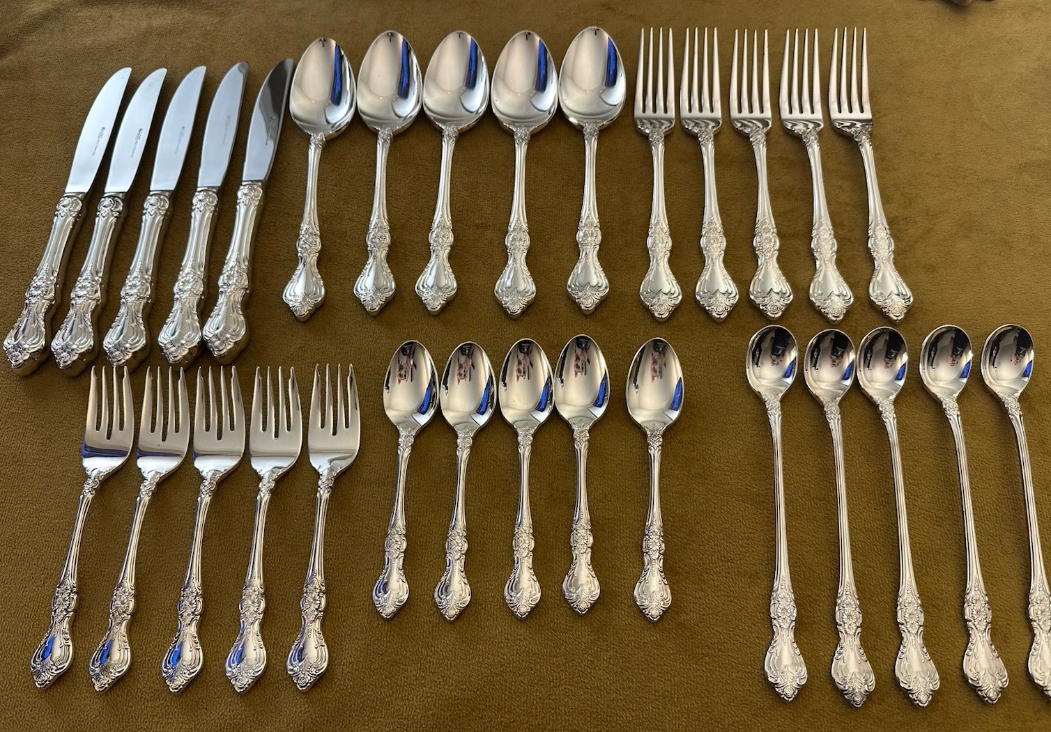 LUCKY WOOD Silverplate Flatware “LUW1” FLORAL GLOSSY — SERVICE FOR FIVE— RARE!!