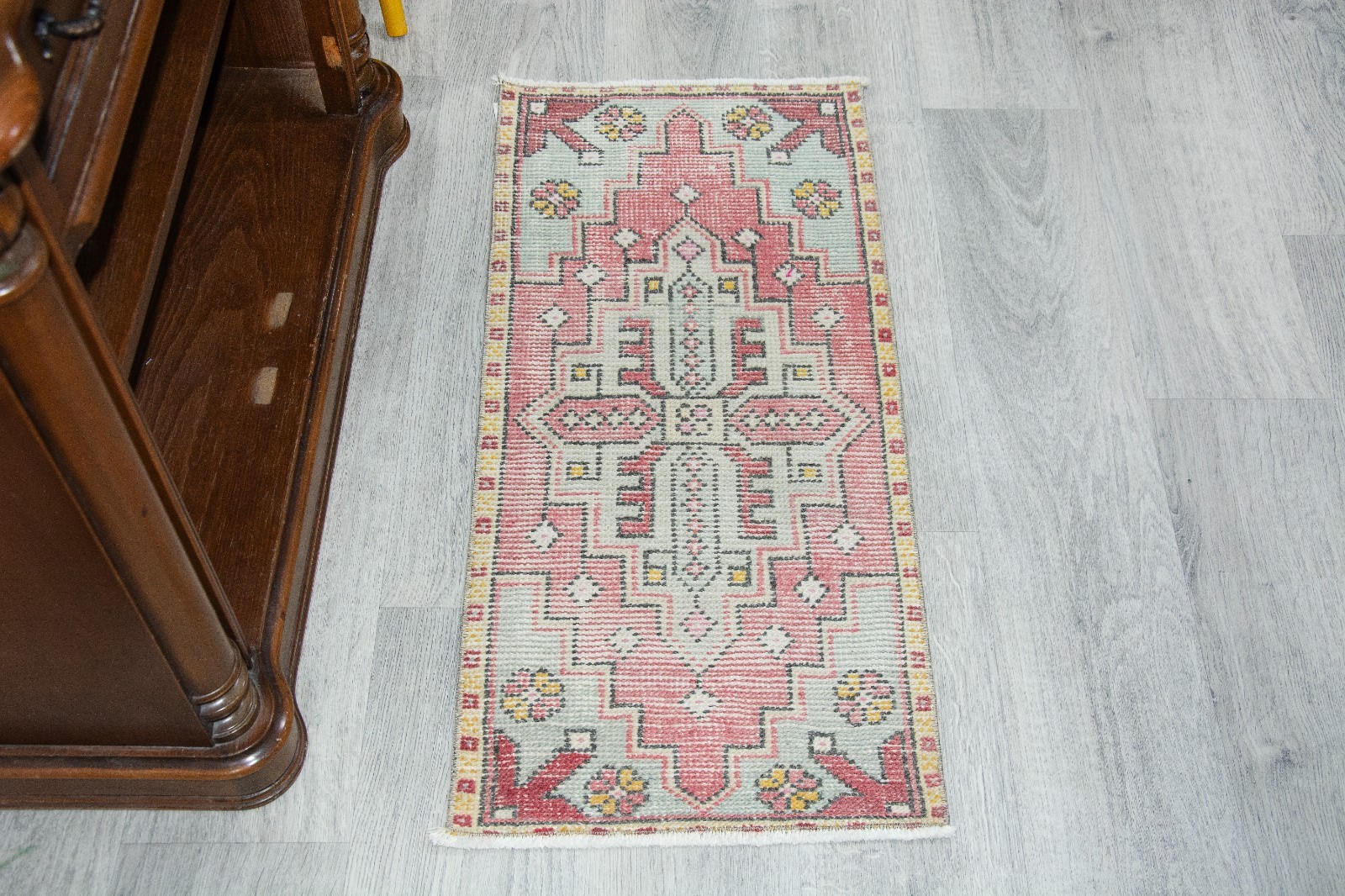 Vintage Turkish Oushak Pink Rug 18×39 Inches, Geometrical Modern Rug