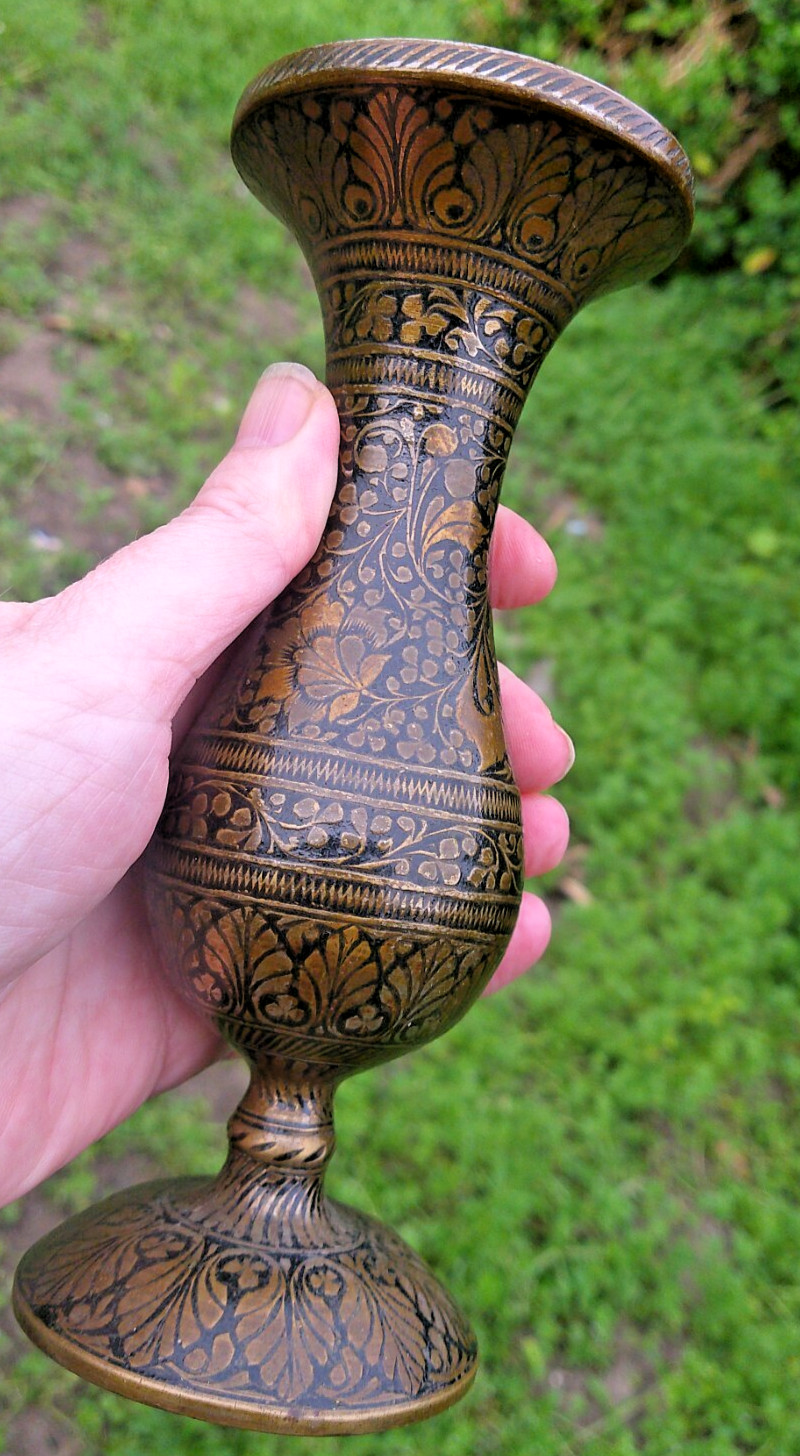 Vintage Antique Engraved Pattern Indian Brass Vase Old Leaves Flowers Intricate