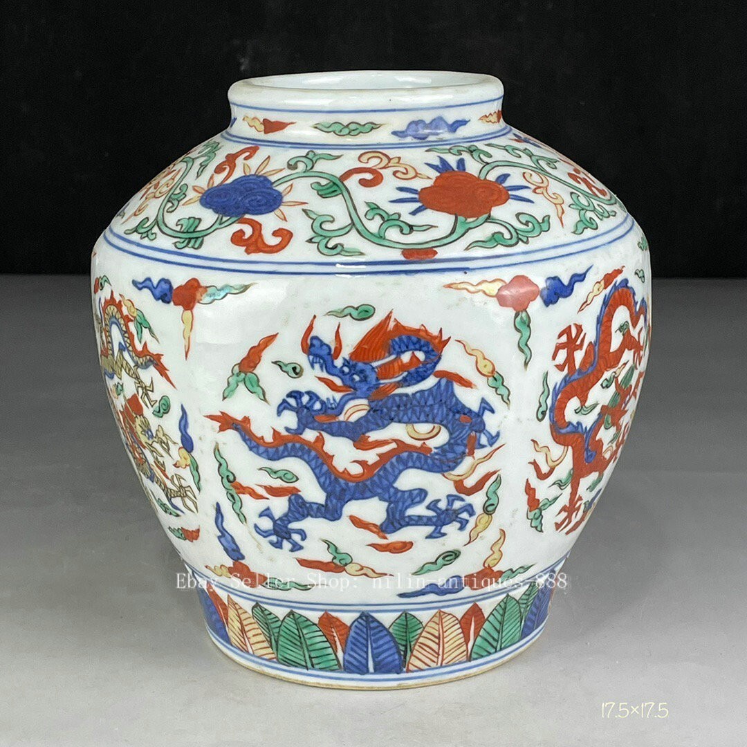 6.8″ DaMing Wanli Year Marked Wucai Porcelain Dragon Beast Totem Jar Pot Crock