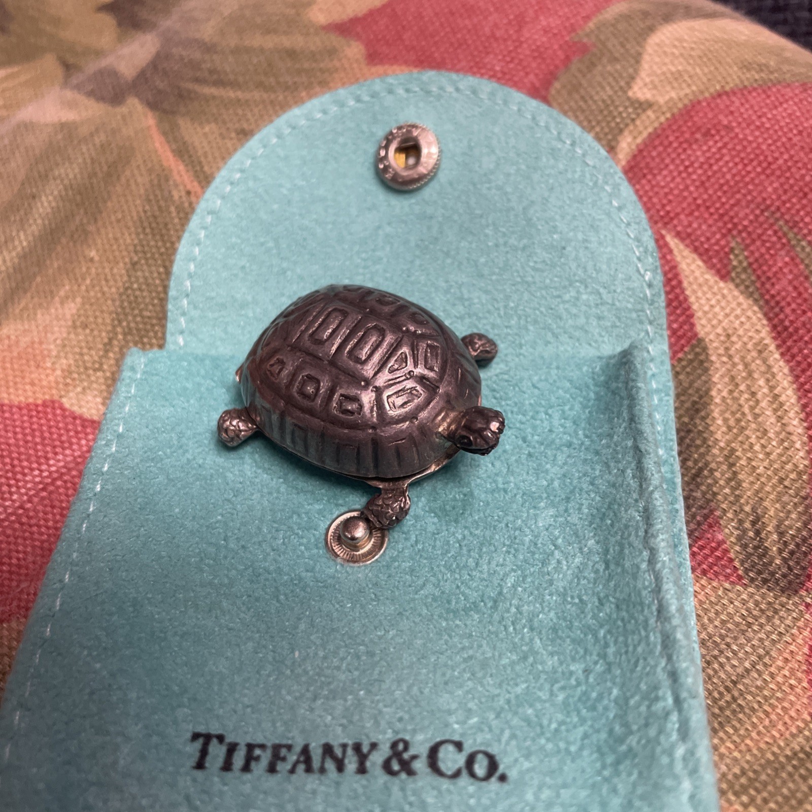 Authentic Tiffany & Co. Sterling Silver Tortoise Turtle Pill Box Italy, Pouch
