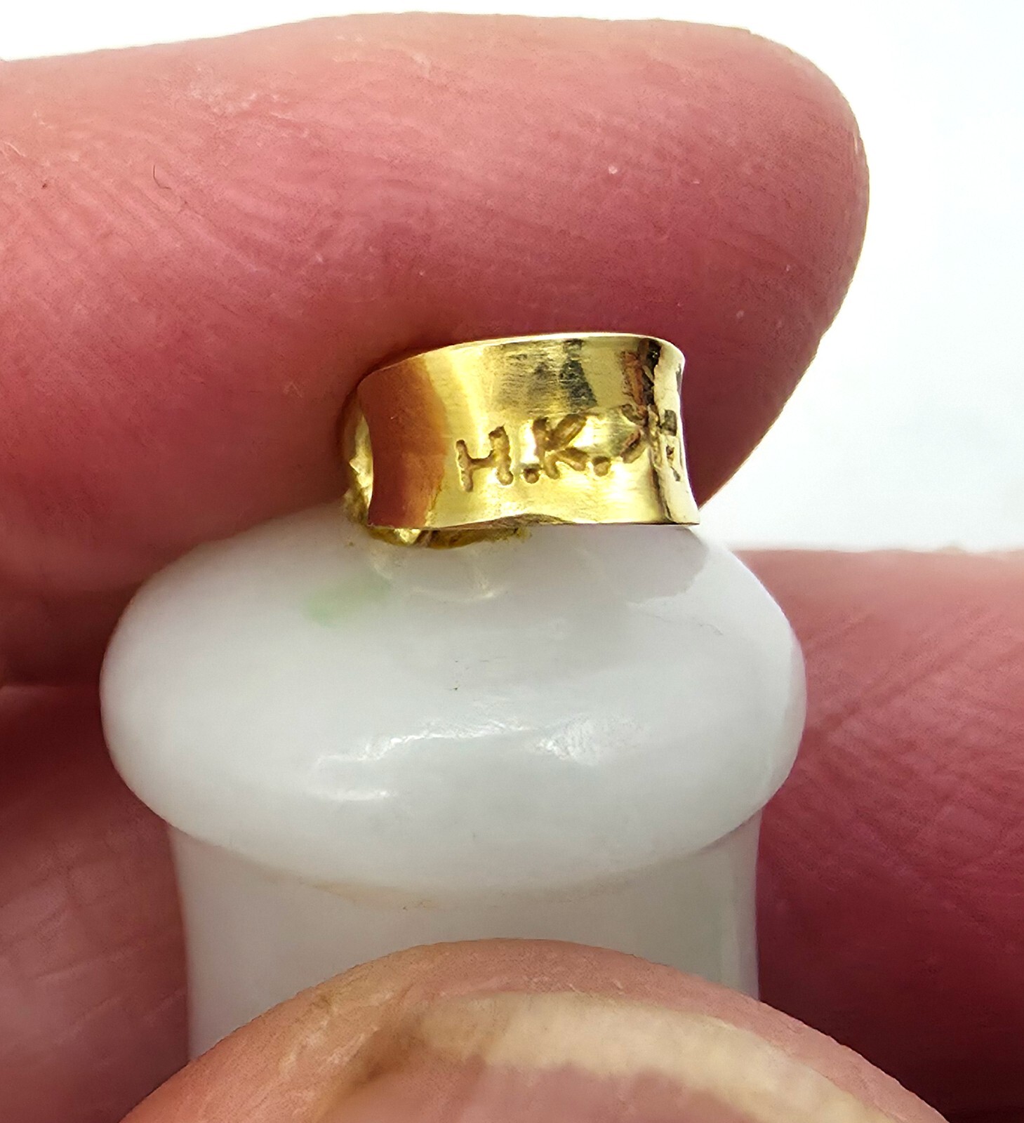 Ice White Carved Jadeite Jade Barrel Tube Pendant 14K Gold ~ Cigarette Holder