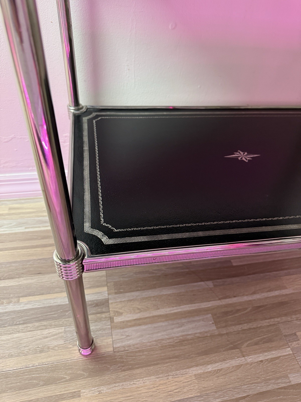 Gorgeous THEODORE ALEXANDER Side Table ( Used ) Black Leather And Silver Accent