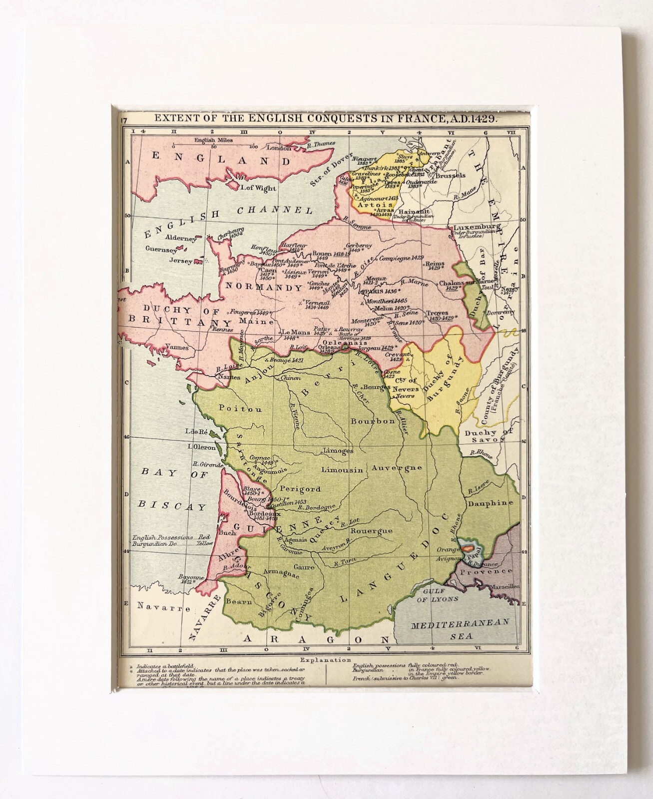 1907 Antique Historical Map – English Conquests France in 1429 – Mounted
