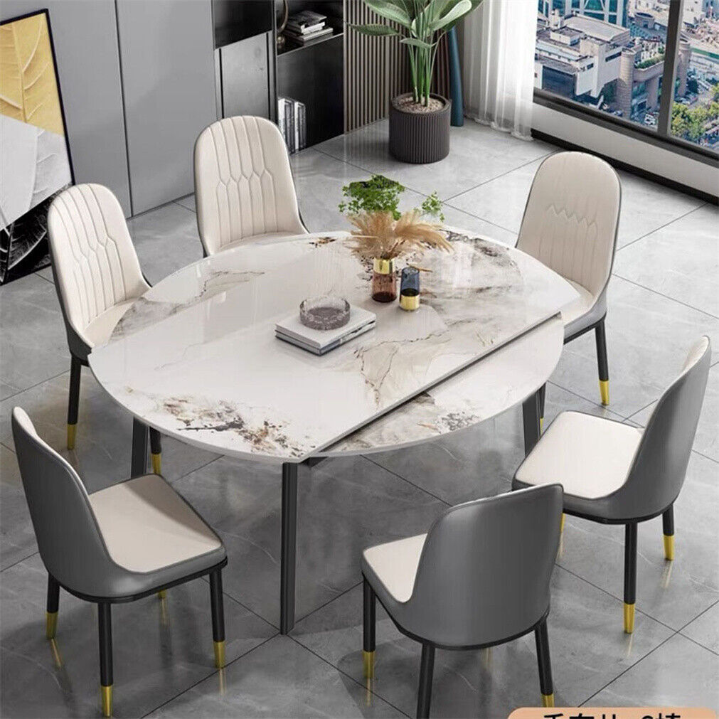 XXL Round Marble Dining Table & Leather Chair Extendable Restaurant Island Table