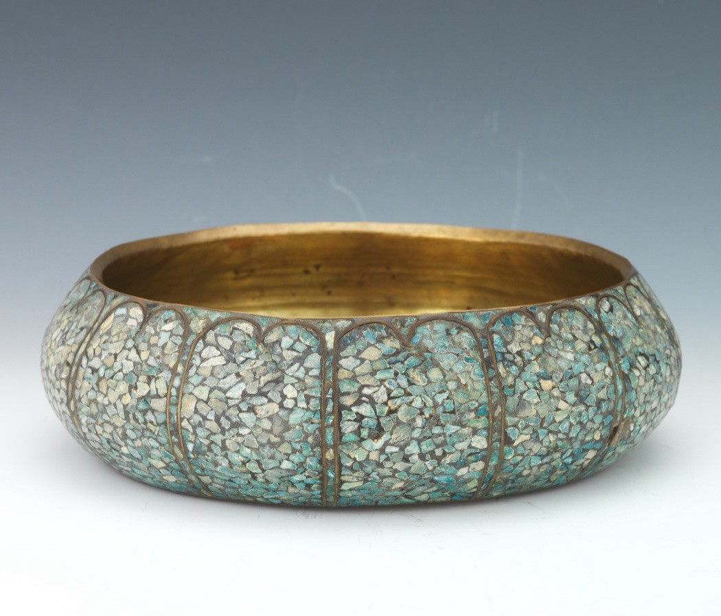 Antique Armenian Brass Bowl w/ Sodalite Azurite Mosaic, Early 1800s