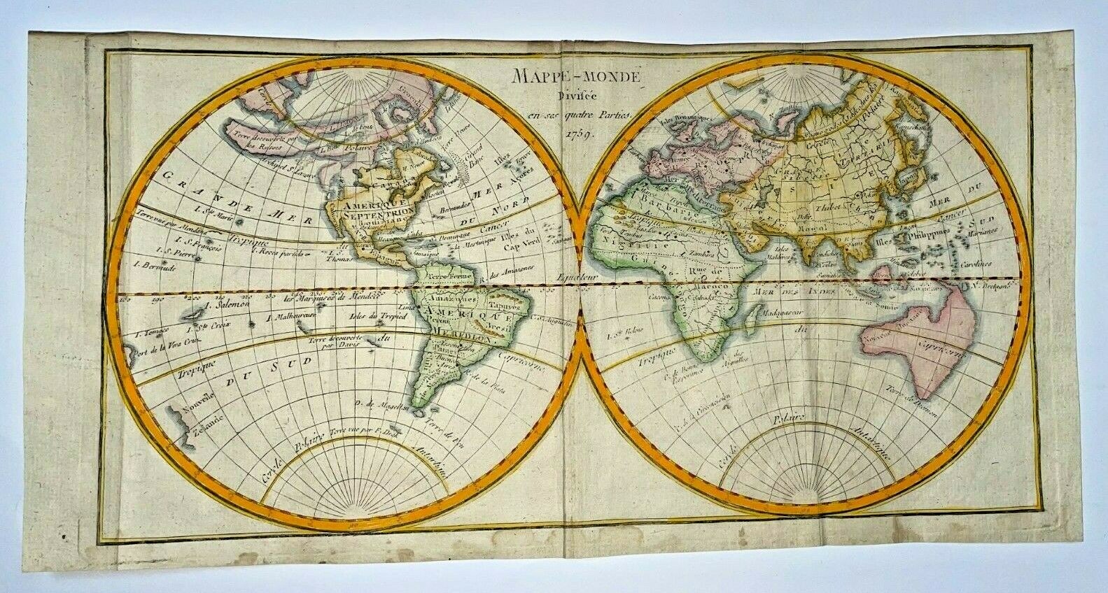 WORLD MAP DATED 1759 ANONYMOUS ANTIQUE ENGRAVED MAP 18e CENTURY