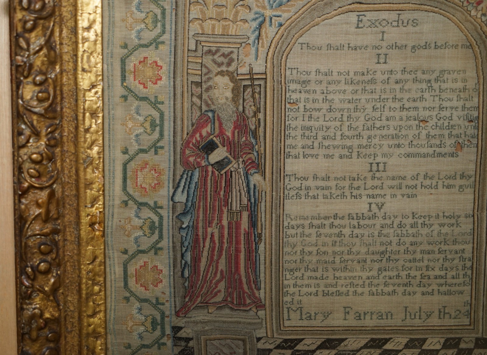 IMPORTANT ANTIQUE 10 COMMANDMENTS GEORGE I 1727 NEEDLEWORK SAMPLER MARY FARRAN