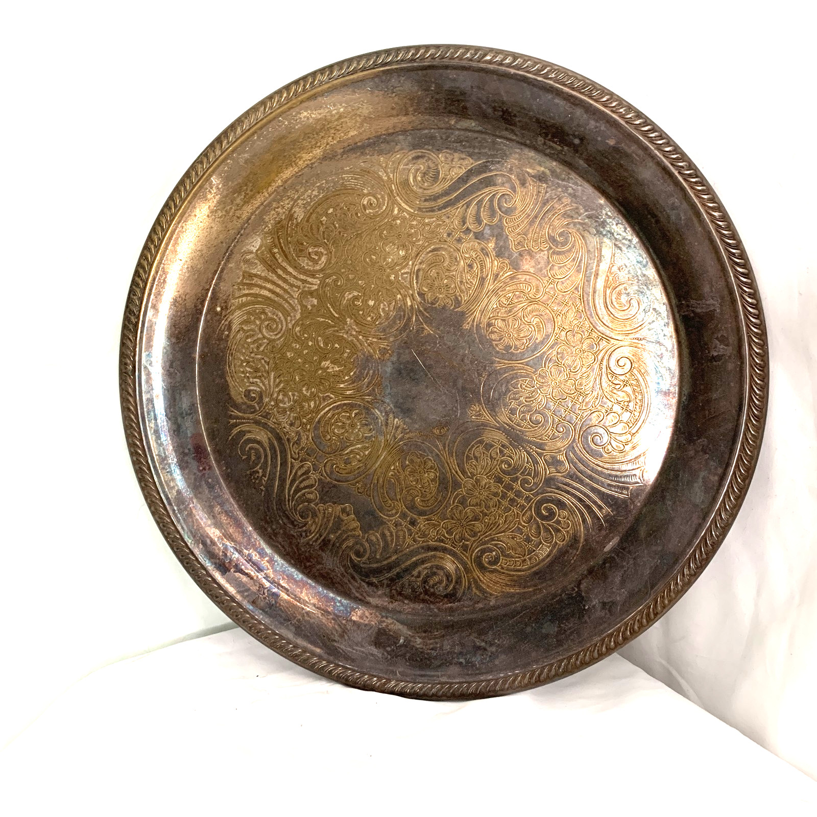Vintage Silver Plated Ornate Engraved Serving Tray 12.5″ Floral Scroll Round Etc