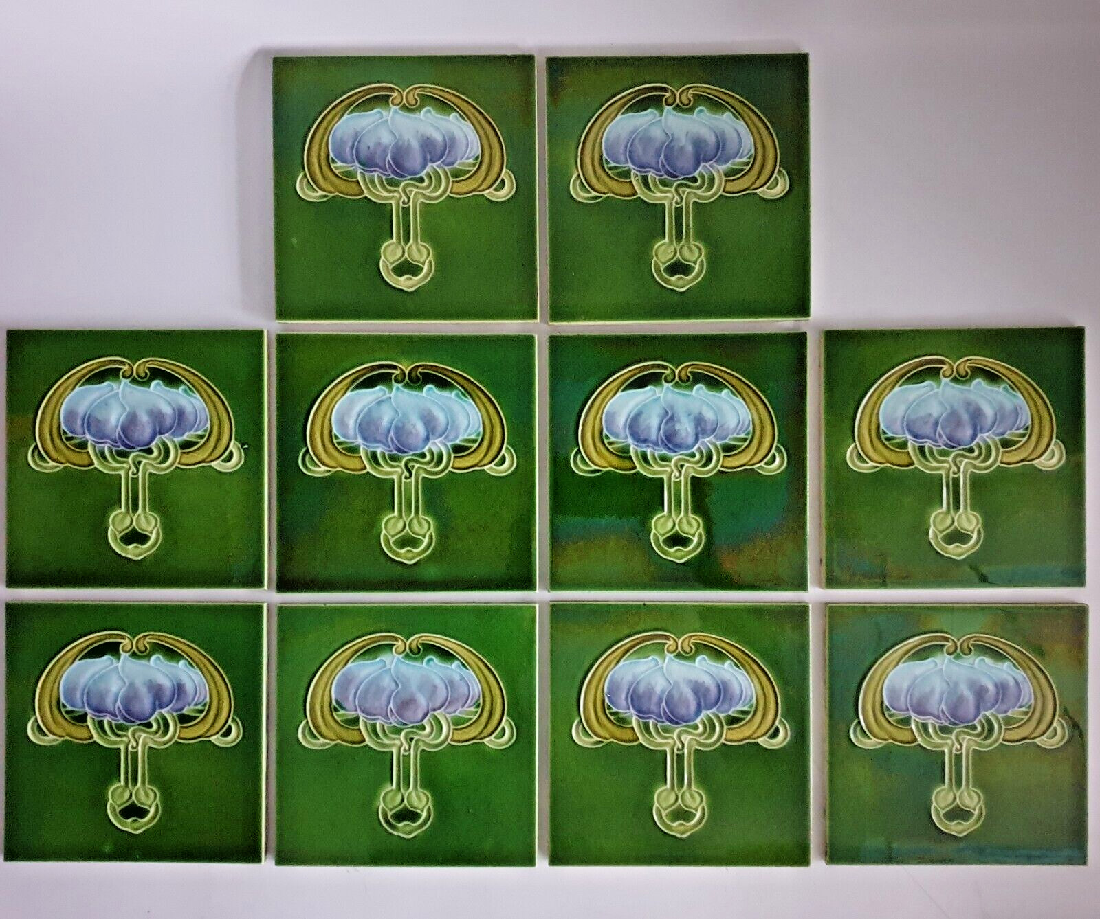 Set of 10 Art Nouveau Fireplace Tiles Green Floral Majolica John Barratt C1907