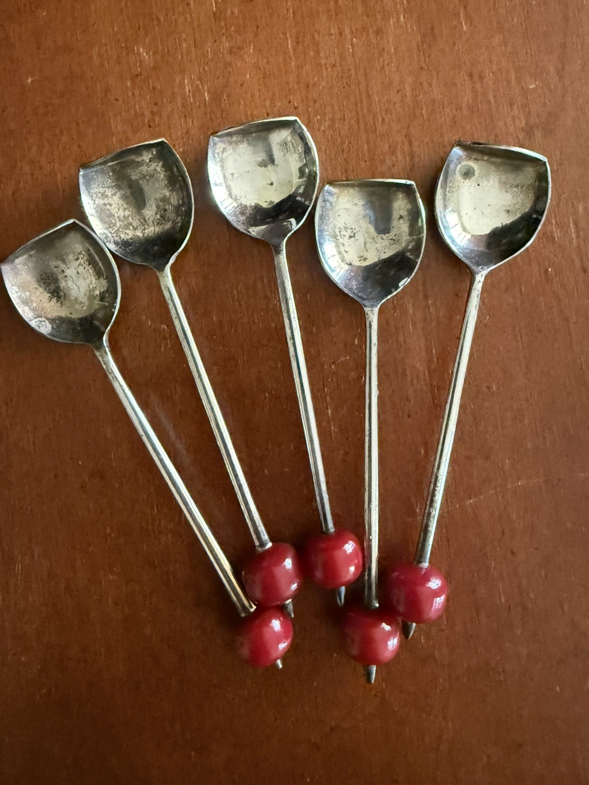 5 Sheffield England EPNS Cocktail Muddler Spoons with Bakelite “Cherry” Handles