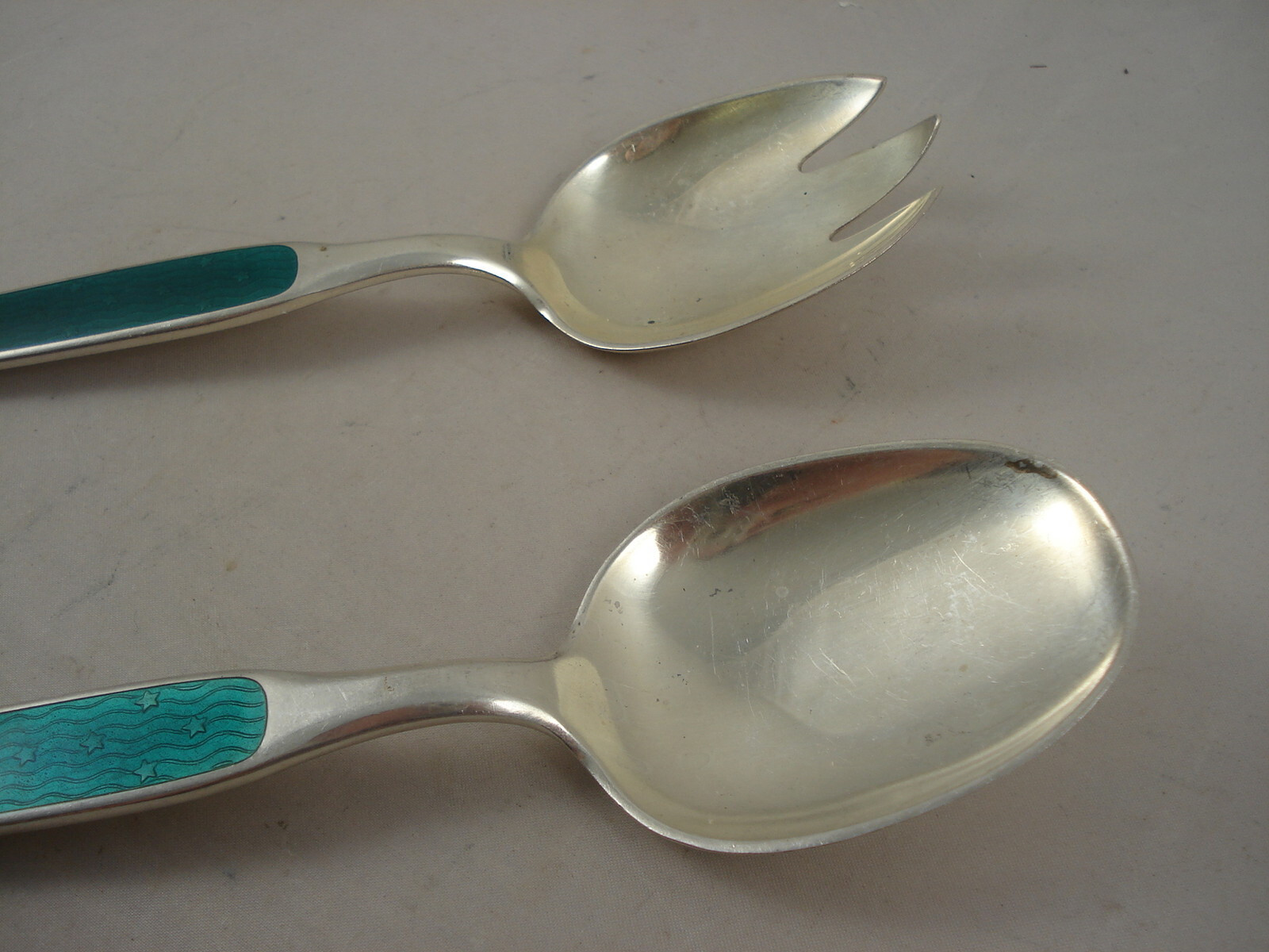 WT 3.8oz David Andersen Signed Sterling Silver 0.925 Enamel Salad Set Scrap ?