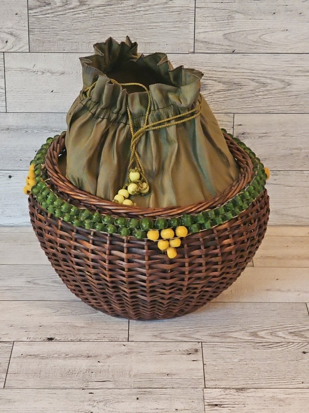 Antique Wicker Sewing Basket w/ Cloth Drawstring Top