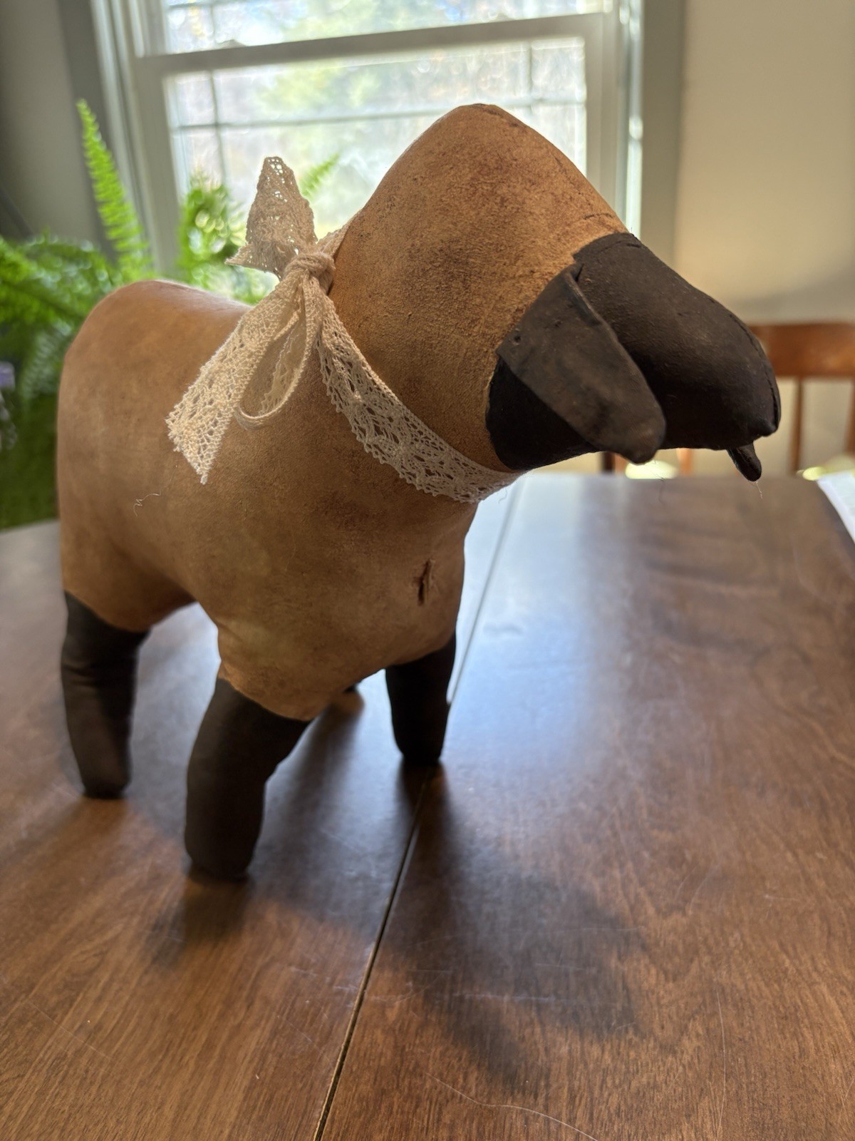 Primitive Handmade Stained Linen Fabric Folk Art Stuffed Sheep 12″ x 9 1/2″ x 4″