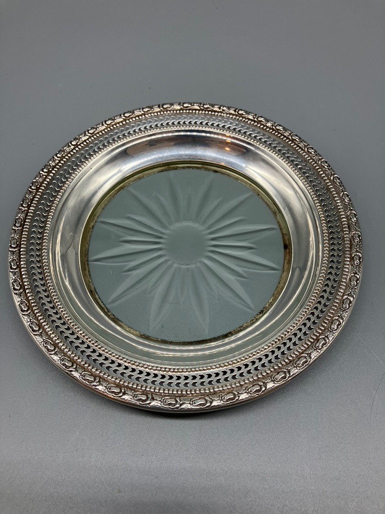 LARGE FRANK M WHITING & CO STERLING SILVER AND CUT GLASS BOTTLE COASTER